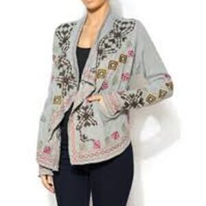 Johnny Was Biya Sz M Embroidered Wrap Knit Cardigan Gray Pockets